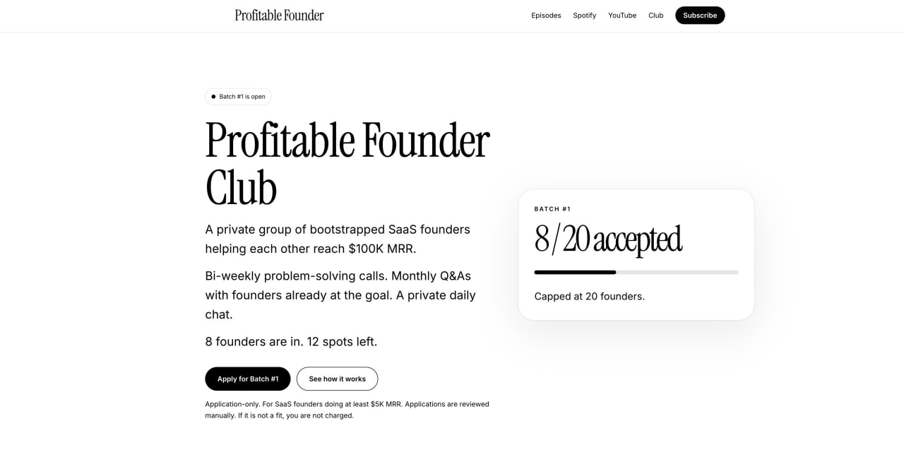 Profitable Founder Club website screenshot